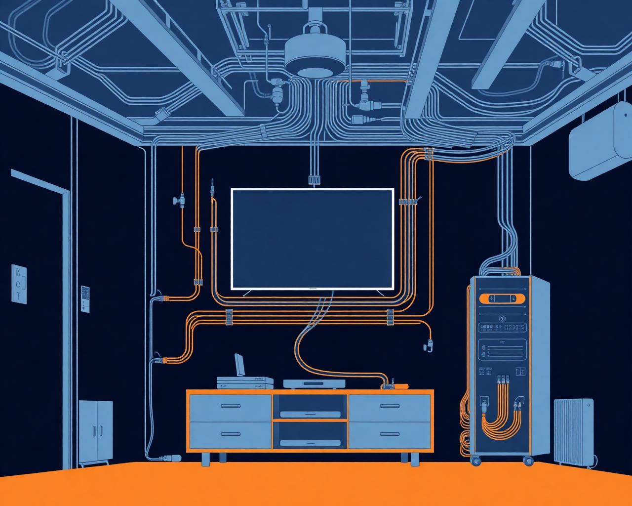 Isometric illustration of structured low-voltage cabling, mounted TV, and network rack